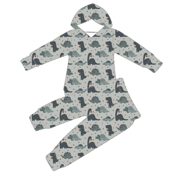 Blue Dino Bamboo Hoodie Set
