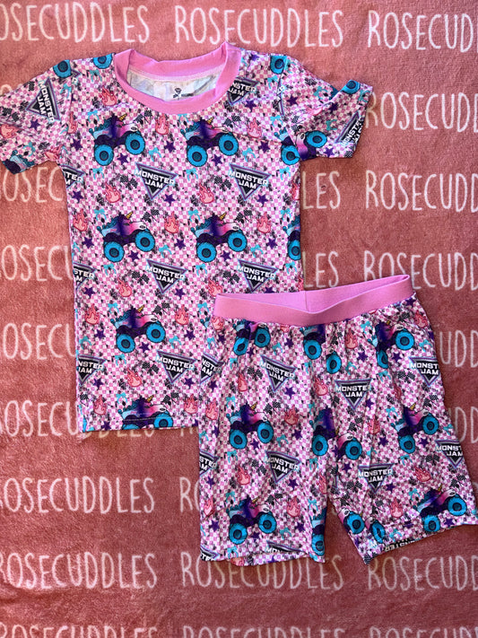 Pink Monster Truck Bamboo Shorts set