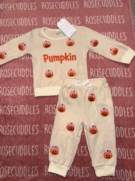 Embroidered Pumpkin Waffled Jogger Set