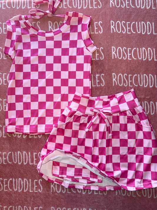 Pink Checkered Skort Set